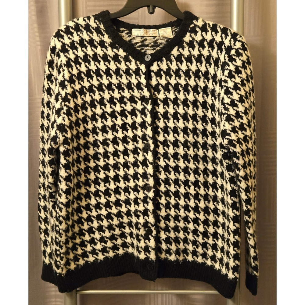 Carolyn Taylor Luxury Black White Houndstooth Button Front Knit Cardigan Sweater